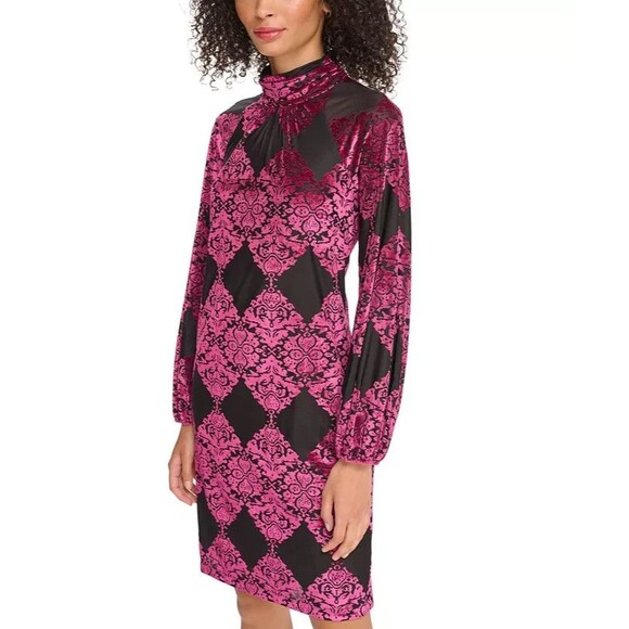 Vince Camuto Women's Burnout Velvet Balloon-Sleeve Chic Dress Black Fuchsia 10 - Picture 3 of 14